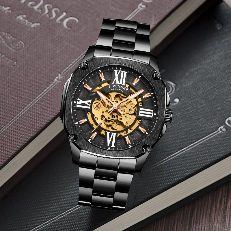 Top Brand WINNER Men Automatic Watch Black Golden Hollow Skeleton Stainless Steel Male Business Mechanical Clock Dropship | Наручные часы