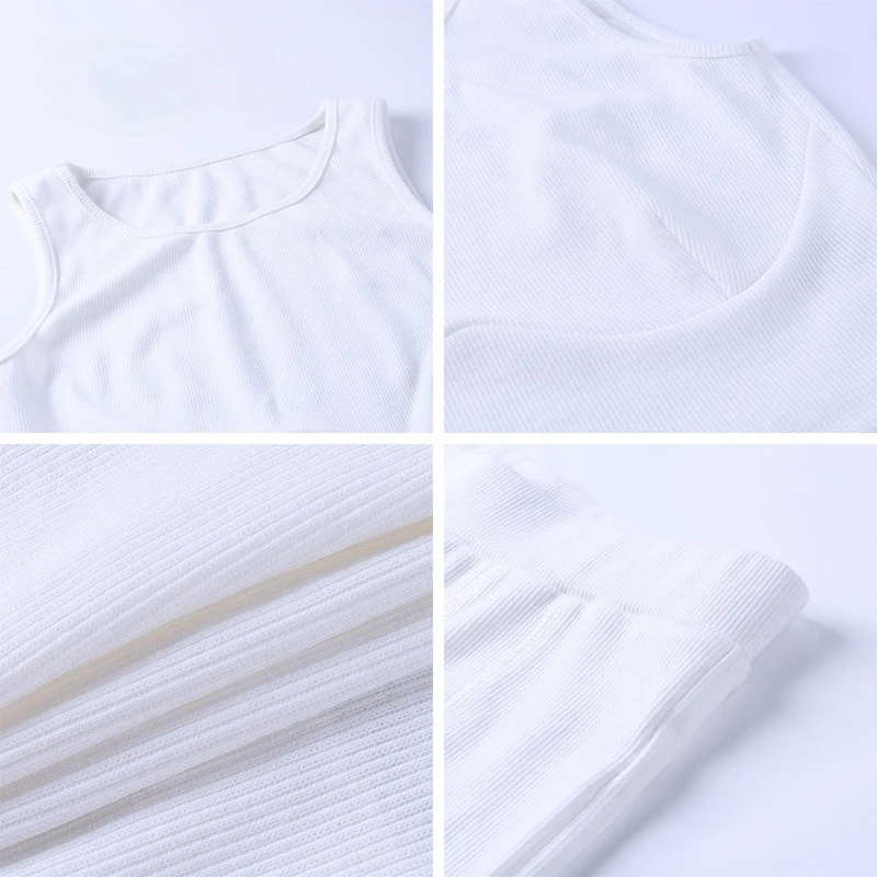 

2021 Gray Two Piece Set Neck Sleeveless Crop Top White And Shorts Biker Casual Women Set Summer Sport Outfit Ribber New