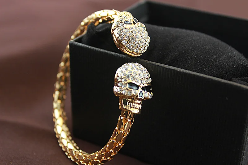 Панк Череп Кристалл Открытый браслет для мужчин f Отик двойной череп головы