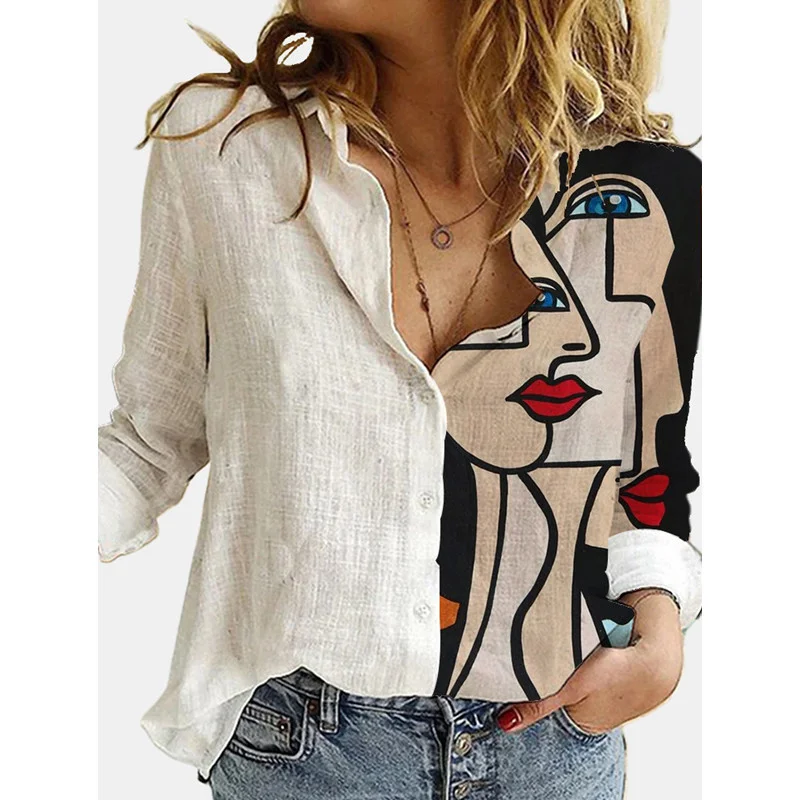 

Women Portrait Print Turn-down Collar Button Blouse Shirt Autumn Long Sleeve Tops Lady New Casual Plus Size Vintage Blouses