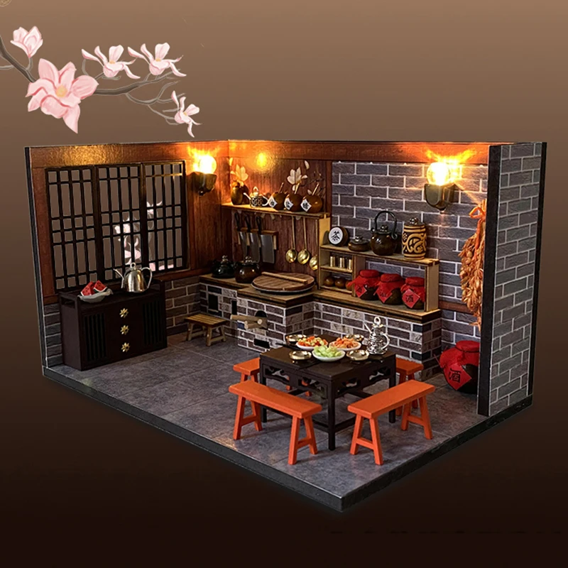 

DIY Miniature Wooden Doll House Kit Furniture Chinese Ancient Kitchen Roombox Villa Dollhouse Assembled Toys Casa Gifts