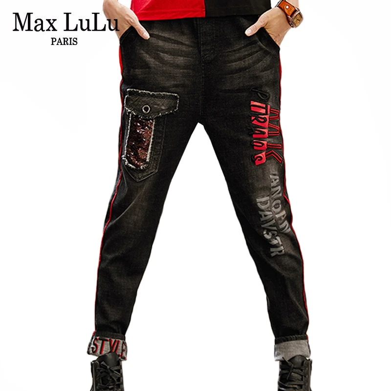 Max LuLu/осень ; модные корейские женские джинсовые брюки в стиле панк; женские рваные джинсы с вышивкой; черные винтажные шаровары; большие размеры