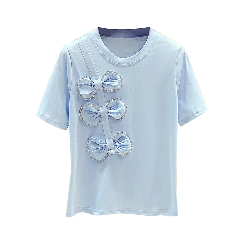 

Loose T Shirt Women Korean Fashion Bow Diamond Stitching Short Sleeve T-shirts 2021 Summer Top Female White Blue Tees