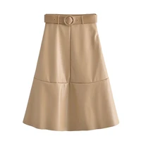 zxqj women 2021 fashion with belt faux leather midi skirt vintage high waist side zipper female skirts