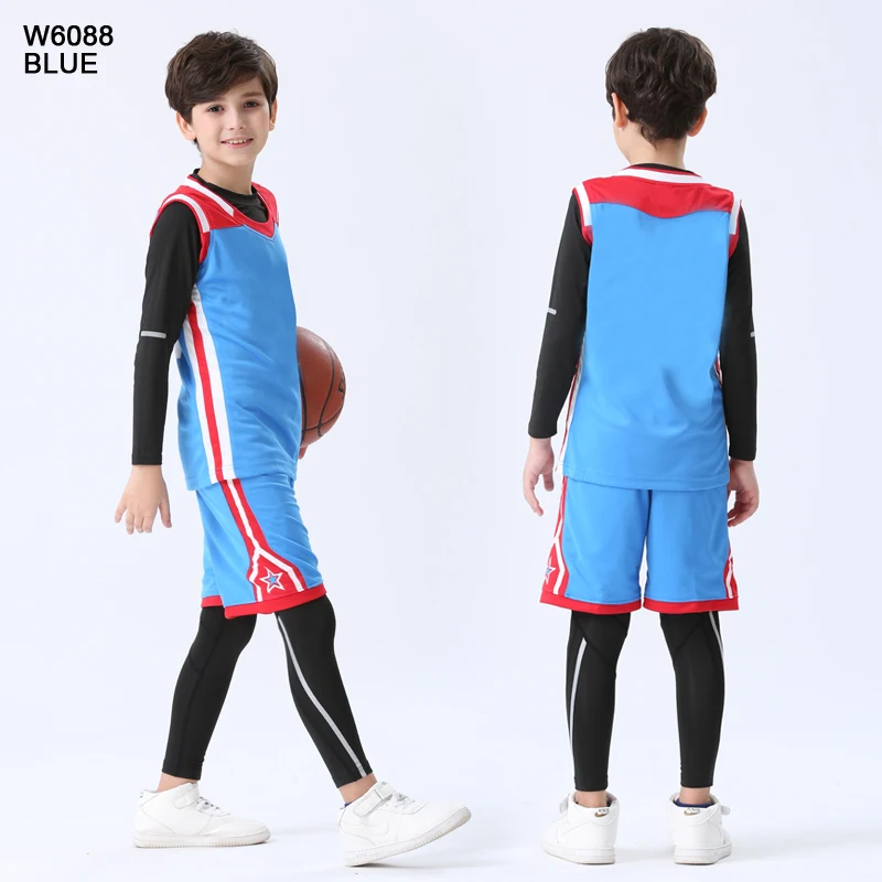 W6088 blue 4 шт./компл. Детские зимние штаны сжатия спортивные костюмы баскетбольные майки Тренажерный зал Спортивный тренировочный баскетбольная форма - Цвет: W6088 blue