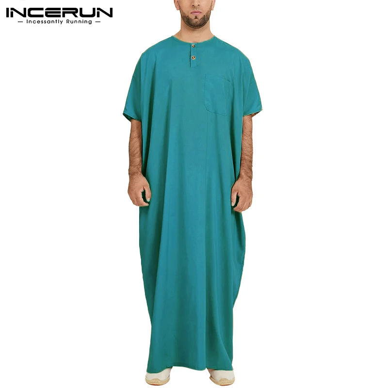 

INCERUN Men Muslim Jubba Thobe Islamic Arabic Kaftan Solid Short Sleeve Loose Robes 2023 Middle East Abaya Men Caftan S-5XL
