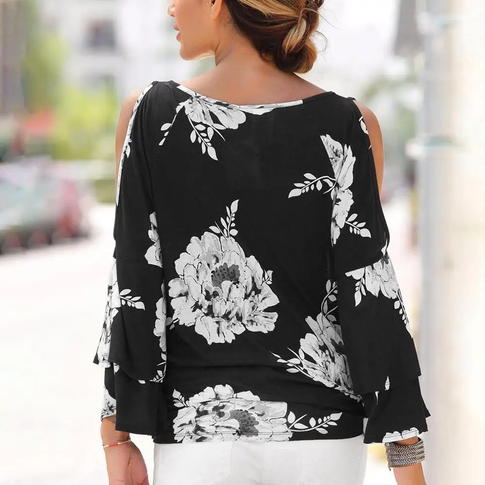 

Women's Autumn O Neck Long Sleeve Flower Bud Print Hollow Casual Blouse Tops 2019 #3U23