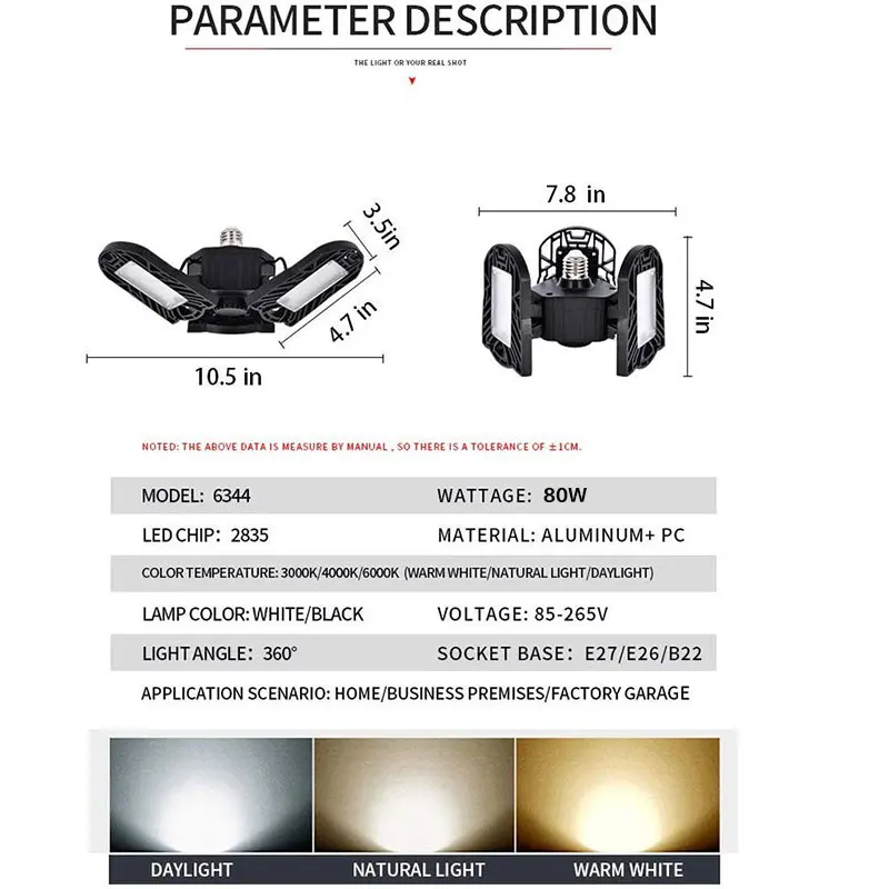 Светодиодная гаражная лампа 80 Вт деформируемая потолочная 6000 лм E26 подвальная с 3