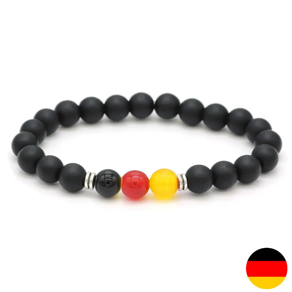 Браслет DGW с бусинами и флагом страны 8 мм натуральный камень черные матовые