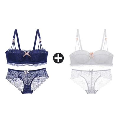 Blue And Grey Sets 2 шт., бюстгальтеры для женщин, маленькая грудь, беспроводной бюстгальтер, кружевной бесшовный бюстгальтер с эффектом пуш-ап и трусики, набор, половина чашки, сексуальные трусы, нижнее белье - Цвет: Blue And Grey Sets