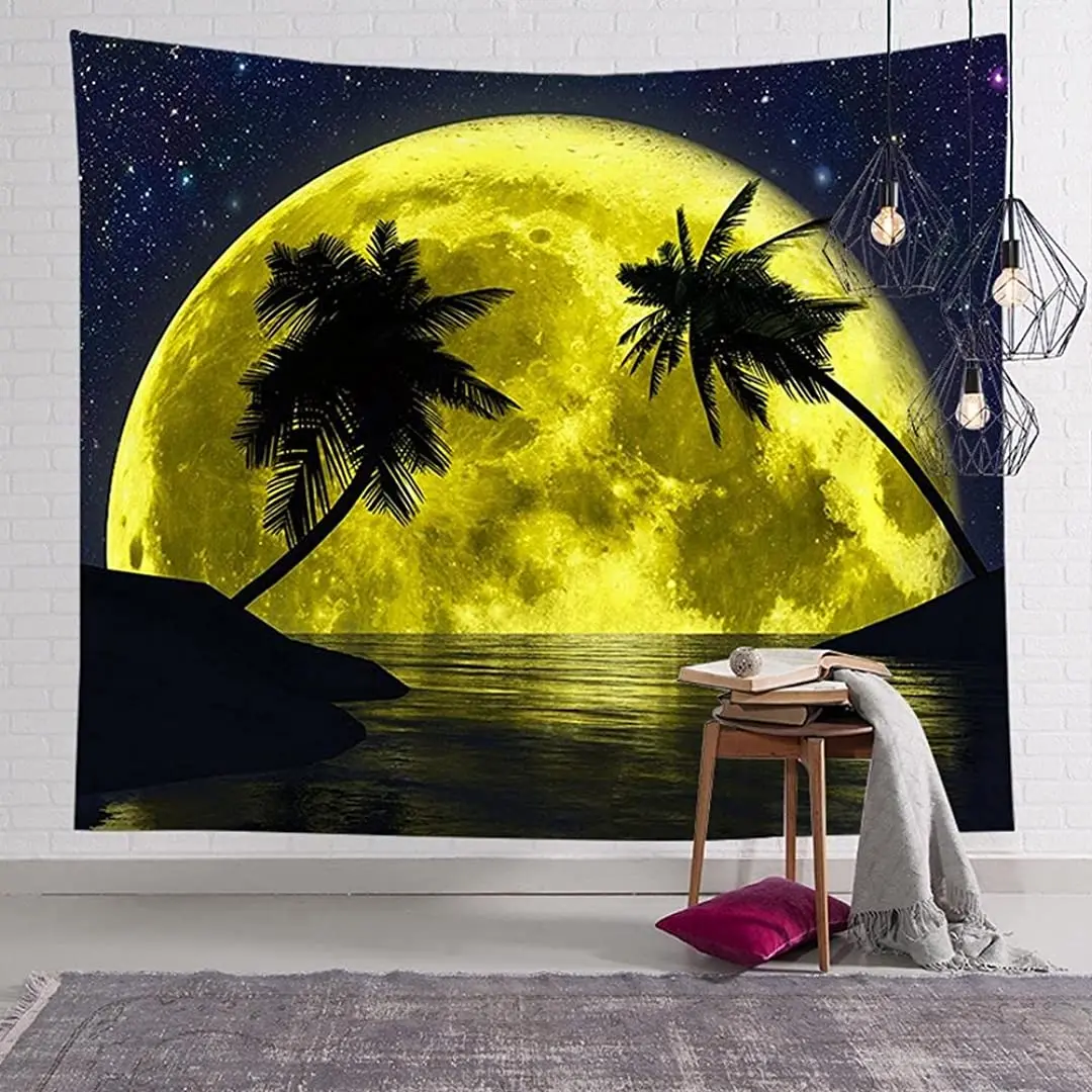 

Tapestry Golden moon night with coconut tree sea view Home Art Decor Living Room Decorations Tapestries Wall Hanging Psychedelic