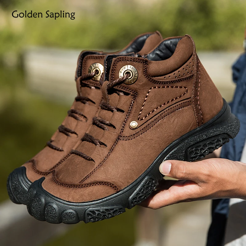 Golden Sapling Men's Winter Boots Genuine Leather Casual Shoes Fashion Outdoor Mountain Boot Leisure Men Tactical Platform Shoes