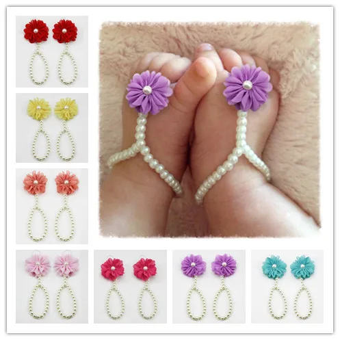 Nishine Newborn Baby Girls Barefoot Sandals Flower Pearl Shoes Sandals Foot Chain Anklets Accessories Kids Photo Props Gifts