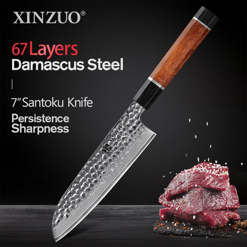 XINZUO 7 ''нож Santoku настоящий дамасский стальной нож для мяса с черным рожком