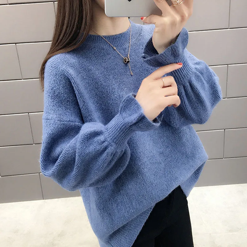 

2020 Autumn Winter Korean Women Sweater Casual O Neck Solid Knitted Pullover Loose Flare Sleeve Elegant Sweaters Women