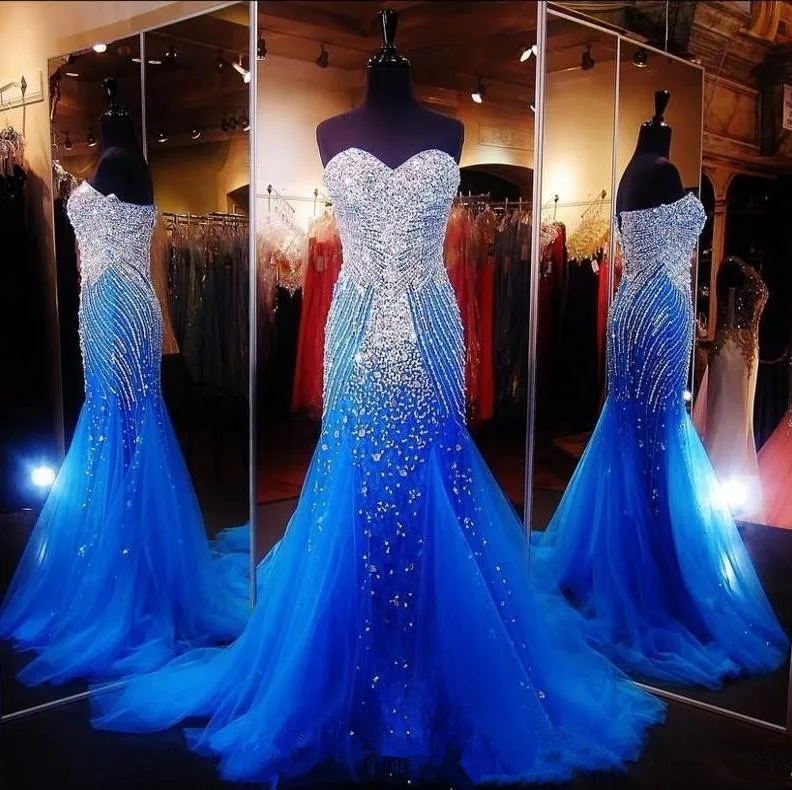 

Royal Blue Tulle Mermaid Evening Dresses Long Sweetheart Beaded Sequins Luxury Robe De Soiree Pageant Party Prom Gowns