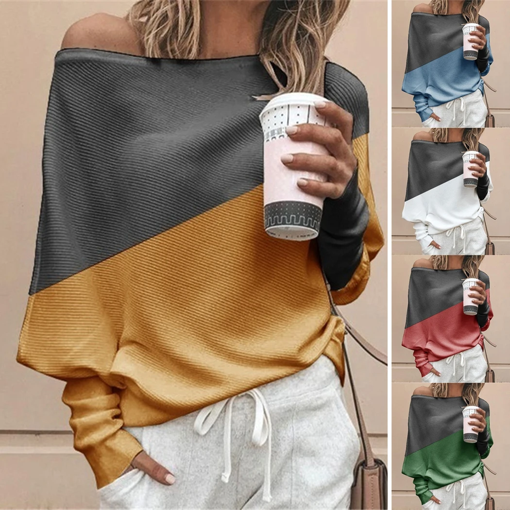 Plus Size Women Batwing Sleeve Sweater Autumn Off Shoulder Knitted Sweaters Pullover Tops Ladies Patchwork Loose Jumper Knitwear | Женская
