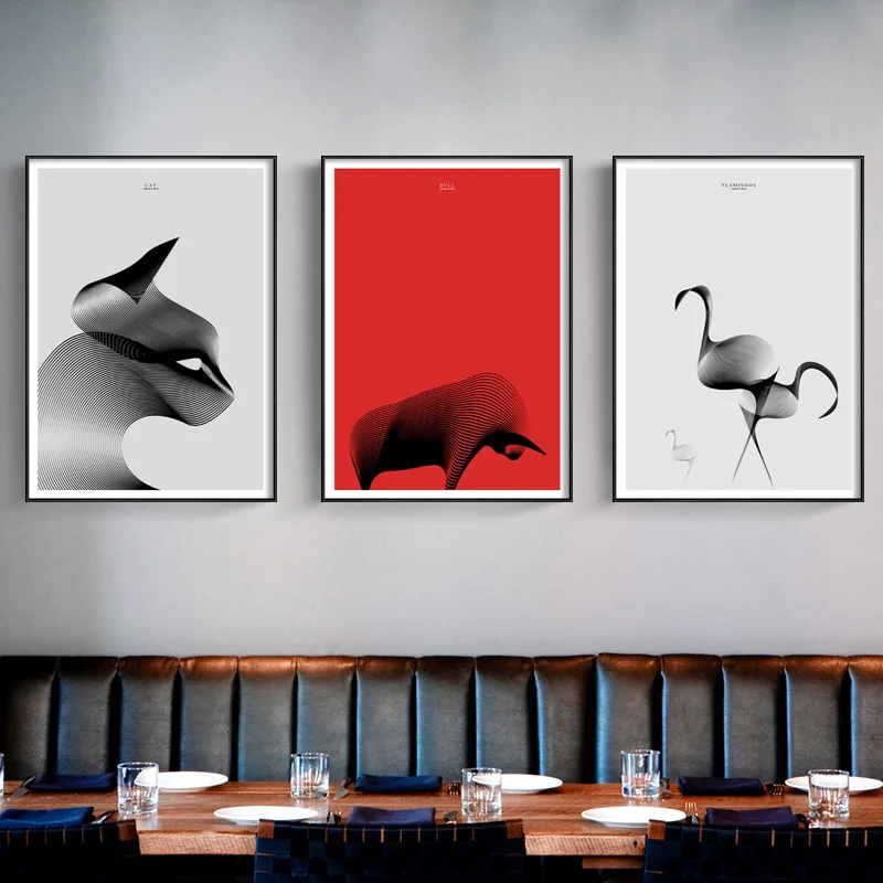 

Abstract Animals Canvas Painting Black White Cat Cow Birds Posters HD Print Modern Minimalist Wall Art Home Decorative Pictures
