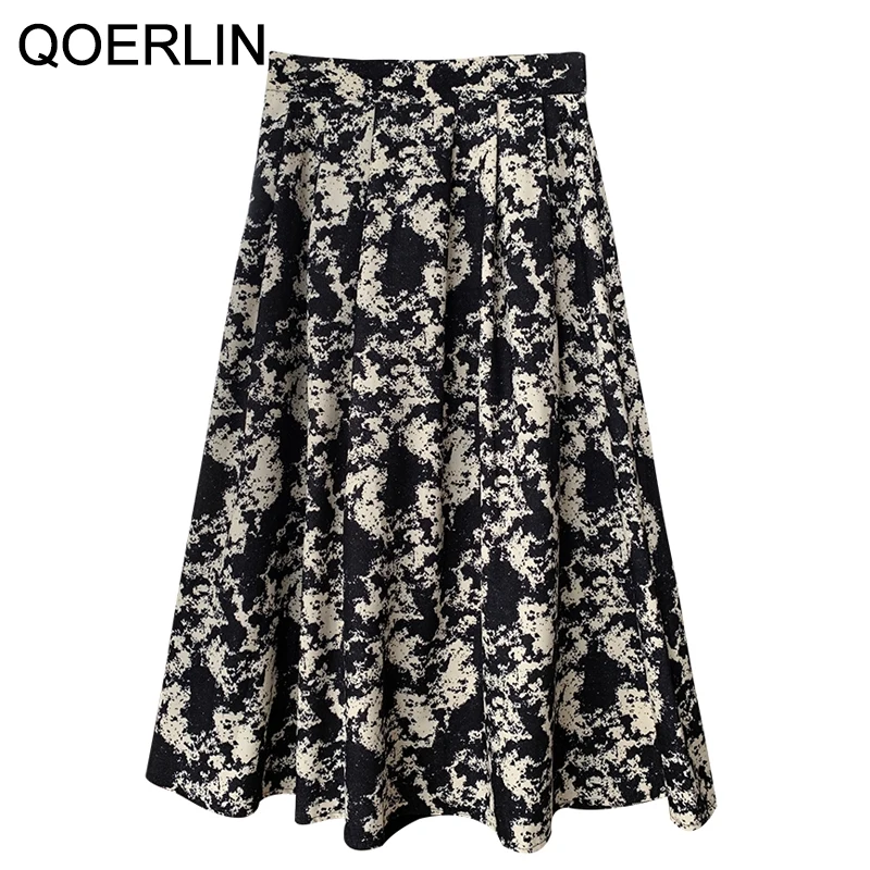 

QOERLIN 2021 New Summer Ink Tie Dye A-line Skirt Women Korean Elegant High Waist Stretch Waist Mid Length Black Skirts Female