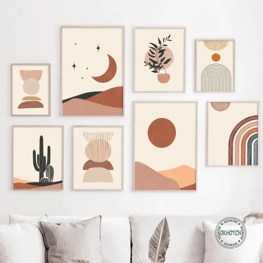 

Abstract Sun Moon Desert Cactus Landscape Canvas Painting Boho Geometric Posters Wall Art Picture Modern Home Decoration