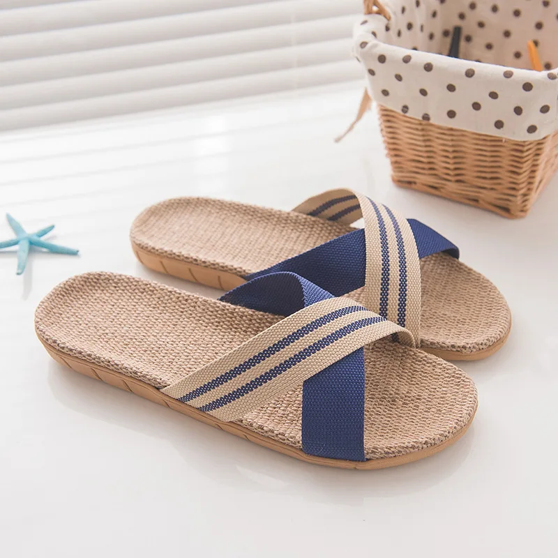 

2020 spring and autumn indoor slippers home shoes women's shoes striped linen comfortable slippers