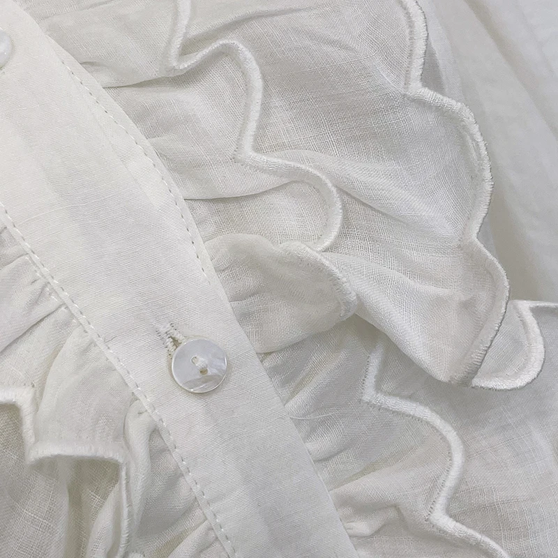 

2021 summer new white linen wave edge loose dress seaside vacation long skirt