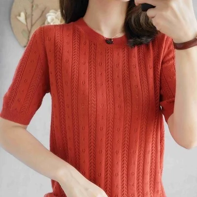 

BoozRey 100% Cotton Short-sleeved Women's T-shirt Short Section Loose Hollow Knitted Cotton Sweater O-neck Pullover Sweater