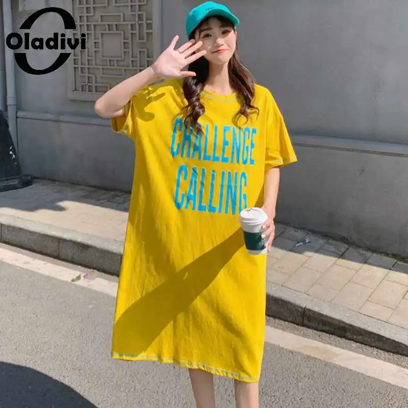 

Oladivi модное удобное Хлопковое платье большого размера с буквенным принтом, женские повседневные свободные платья средней длины с коротким ...