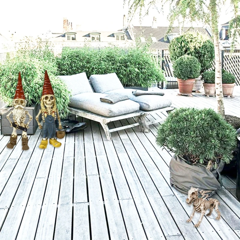 

Halloween Decorations Skeleton Gnome Garden Statue Dog Skull Bones Horror Figurines for Outdoor Yard Home Office Decor