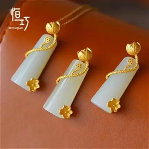 

Beautiful Unsquare Item ~ Great Design Lotus Lucky Pendant 925 Sterling Silver Hetian Jade Inlaid Pendant Vintage Necklace for