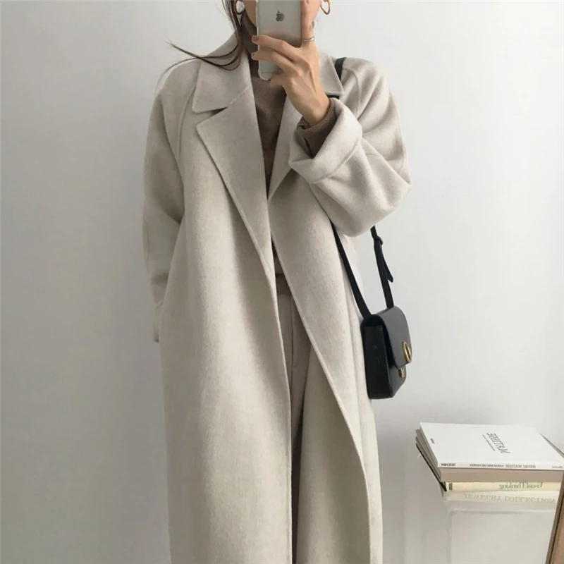 Fashion Long Wool Coat 2020 Autumn New Turn-down Collar Solid Long sleeve Lace up Warm Overcoat Winter Woolen Coat Ladies G442