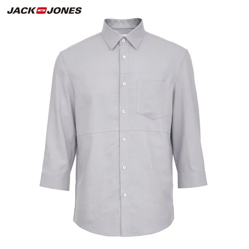 Мужская Базовая приталенная рубашка JackJones льняная Однотонная с рукавом 3/4 220131502 |