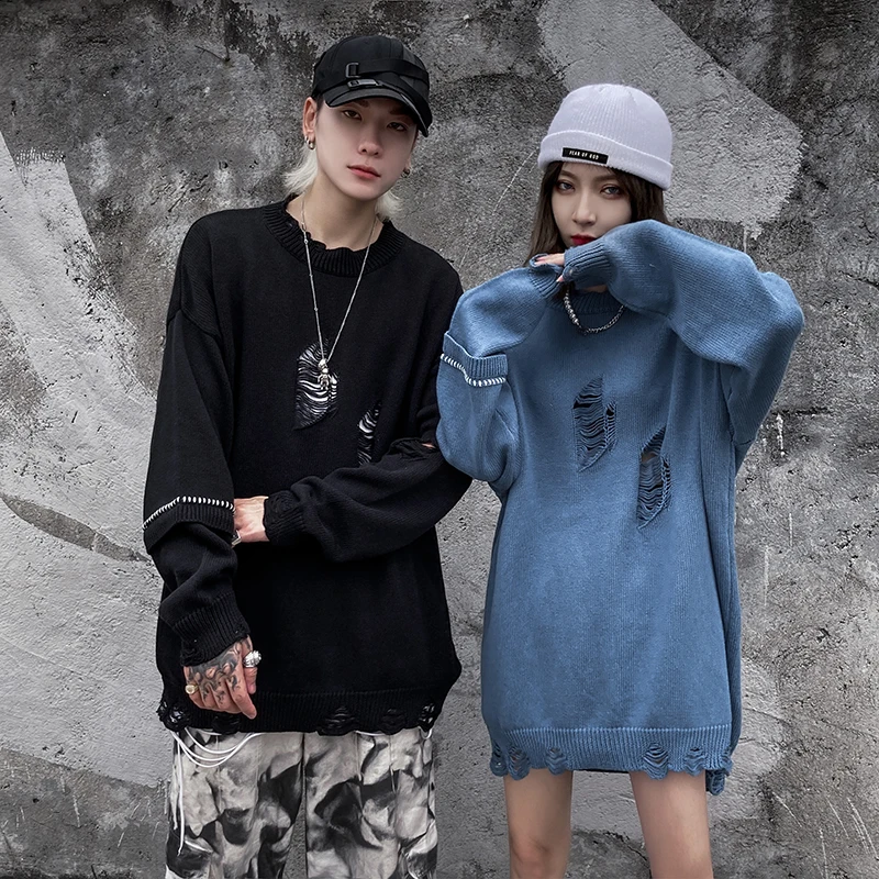 

Original Hole Frayed O Neck Retro Sweater Men and Women Oversize Hip Hop Autumn Clothing Baggy Pullover Knitted Mens Sweaters