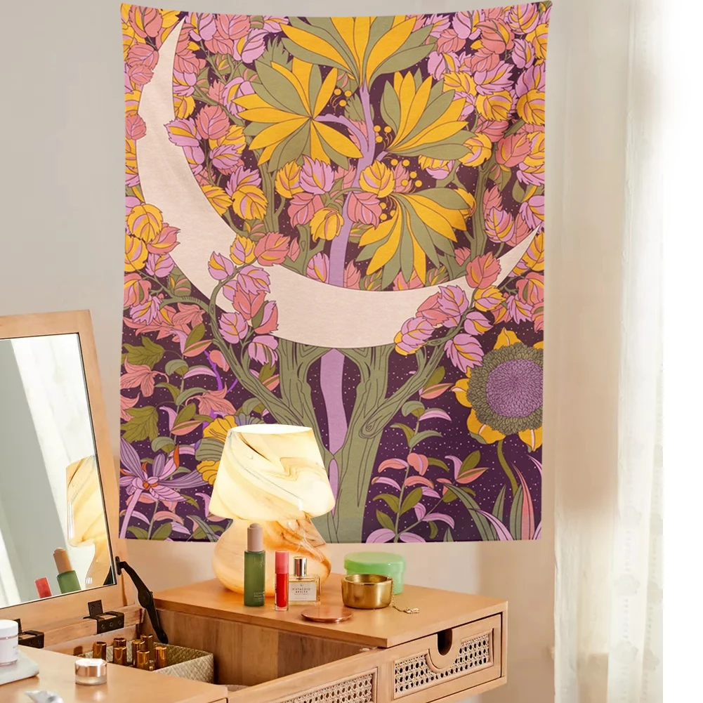 

Moon Floral Art Tapestry Vintage Botanical Room Decor Aesthetic Mystical Retro Flower Moonlight Wall Hangings Boho Wall Decor