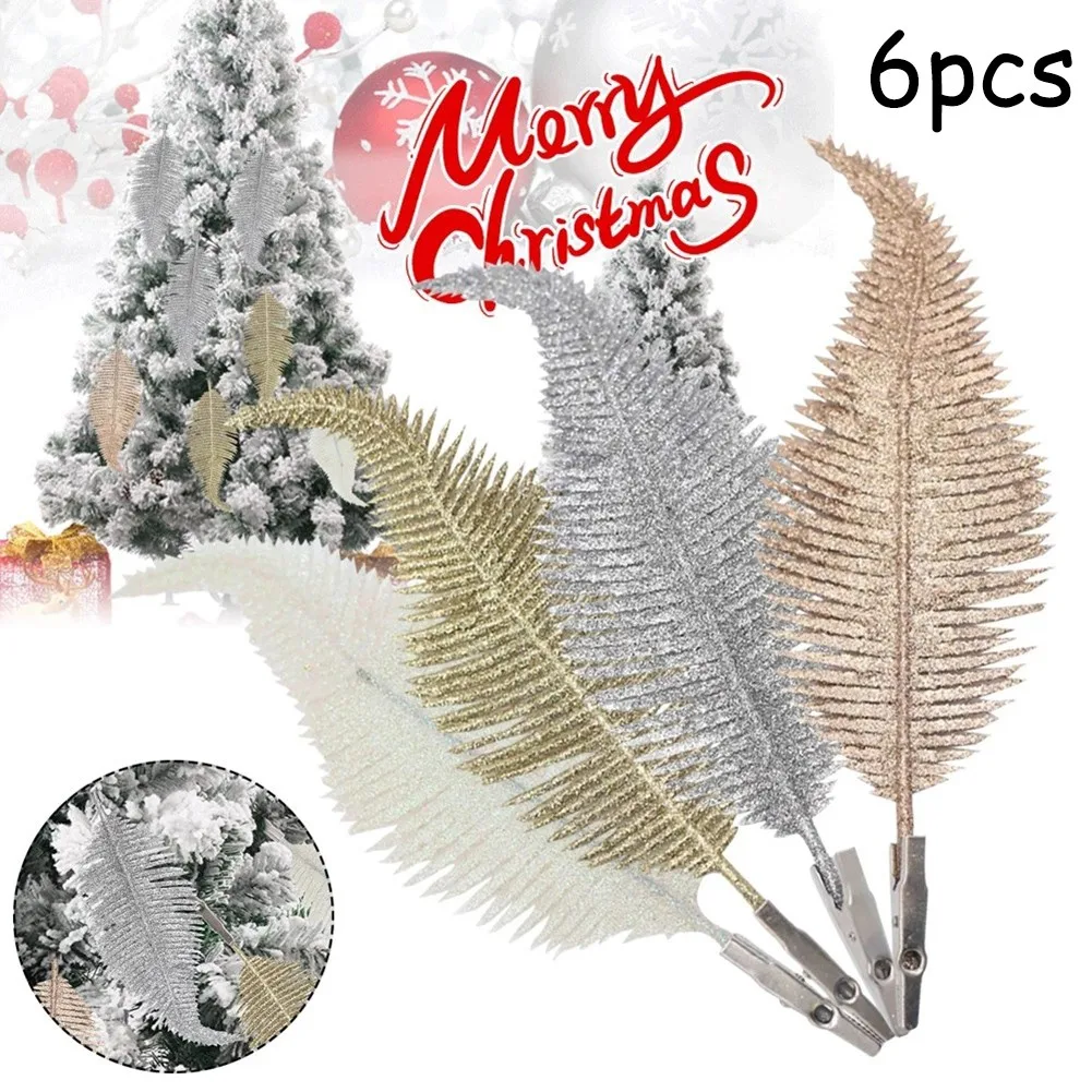 

6Pcs Christmas Tree Decoration Simulation Plastic White Golden Glowing Feather DIY Xmas Party Decor Glittery Baubles Ornament