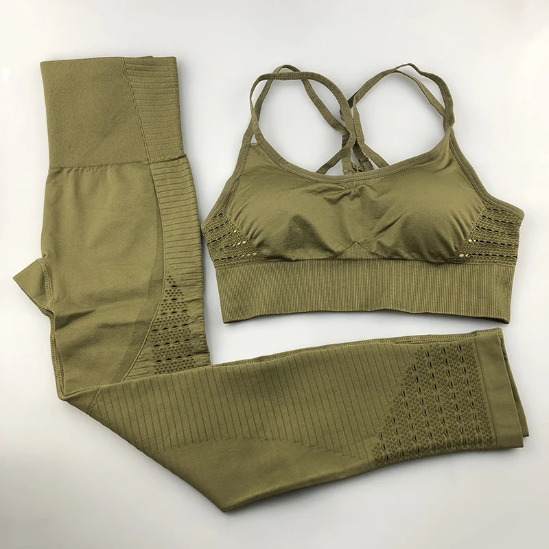 

Seamless Yoga Set Women Fitness Clothing Sportswear Woman Gym Leggings Padded Push-up Strappy Sports Bra 2 Pcs Sports Suits