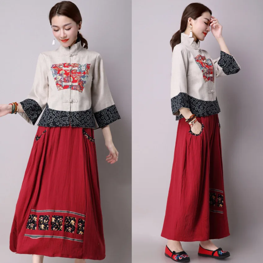 Женское льняное платье Ципао с цветочным принтом элегантное длинными рукавами и