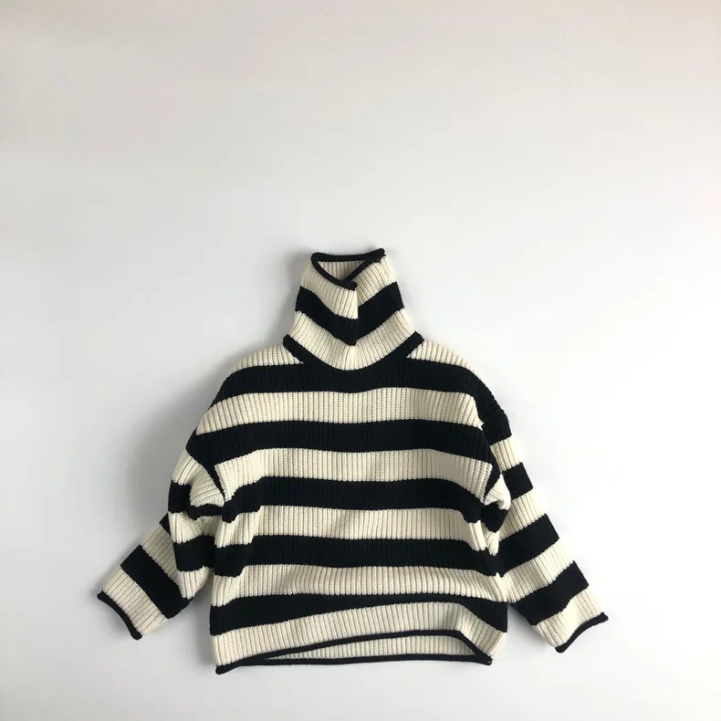 Su&eacute;ter cl&aacute;sico a rayas blancas y negras para ni&ntilde;os, jersey de cuello alto, c&aacute;lido, Tops de invierno y primavera, 9604D-0