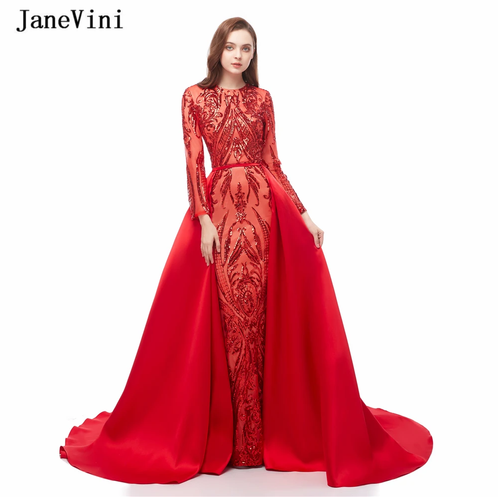 Вечернее платье с длинным рукавом со съемным шлейфом и блестками|Вечерние