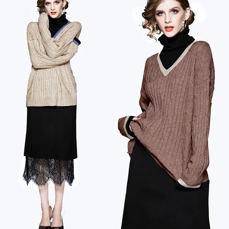

Korean Elegant Women's Clothing Set Fake 2 Piece Knitted Turtleneck Sweater And Lace Skirt Female Suits With Skirt 2021 Winter