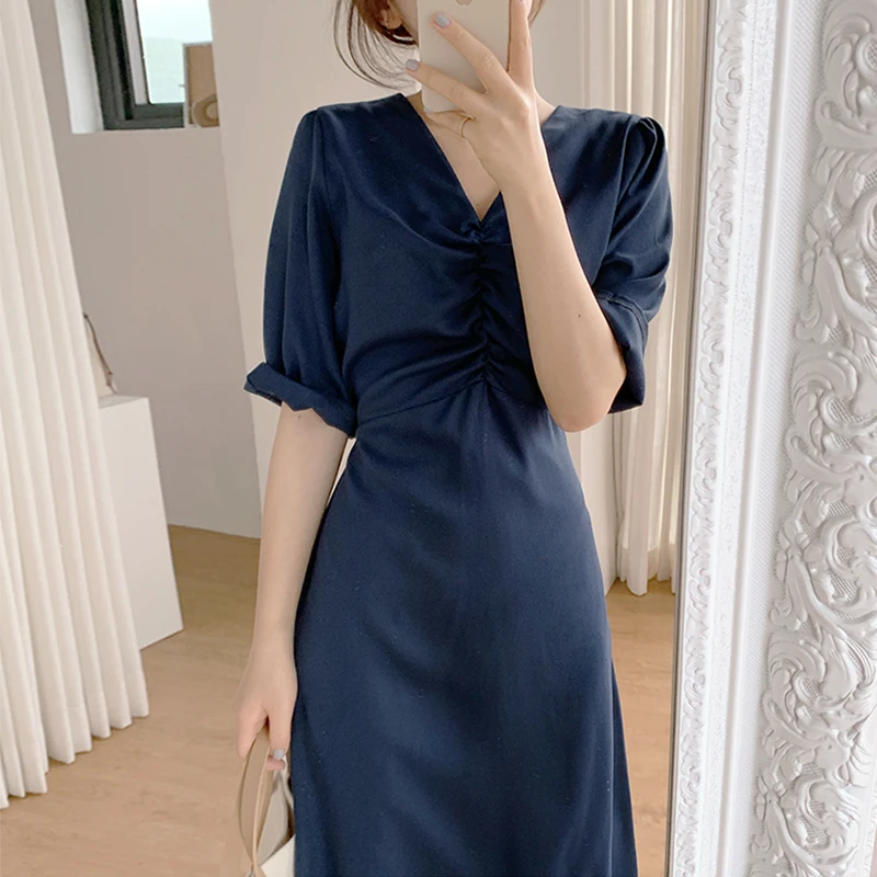 

Korejpaa Women Dress 2021Korea Fashion Chic Summer Gentle Temperament V-neck Pleated Design Waist-tie Long Bubble Sleeve Dresses