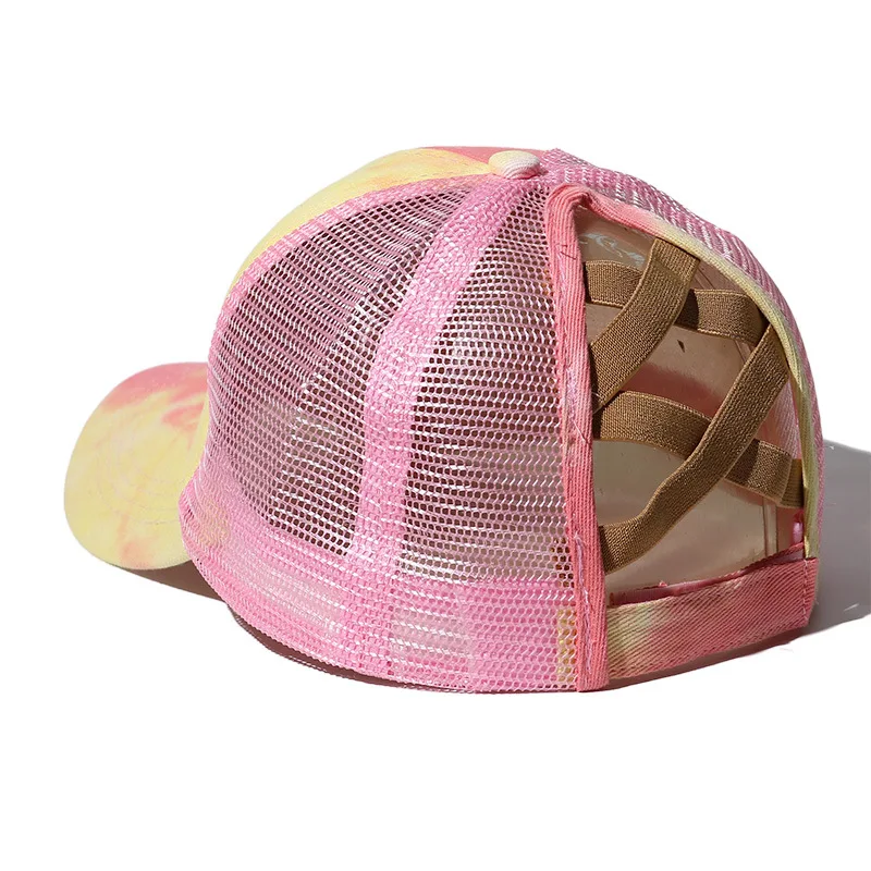 Tie Dye Criss Cross Ponytail Baseball Cap Hat Women Cotton Mesh Snapback Hip Hop Hats Fashion Adjustable Tennis Golf Caps