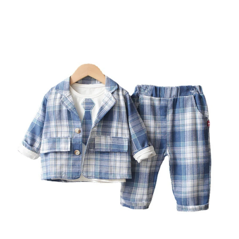 

New Autumn Baby Boys Clothes Fashion Plaid Children Coat T-Shirt Pants 3Pcs/Sets Toddler Formal Costume Kids Gentleman Clothing