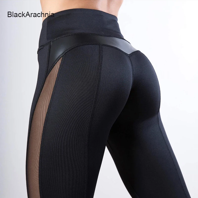 Hamidou Fashion PU Leather Leggings Patchwork Sexy Mesh Women Gym Fitness Workout Solid Black Sports Yoga Pants | Спорт и