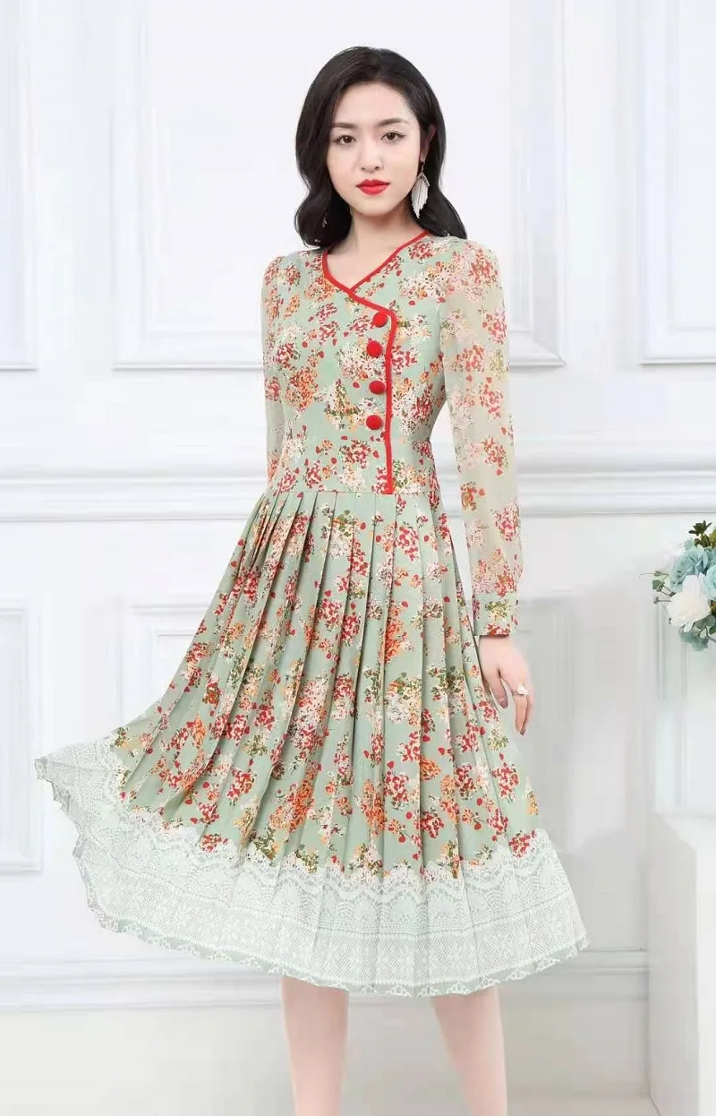 

New Top Quality 2021 Spring Summer Dress Women Sweet Little Floral Print Mid-Calf Length Long Sleeve Pink Green Pleated Dress