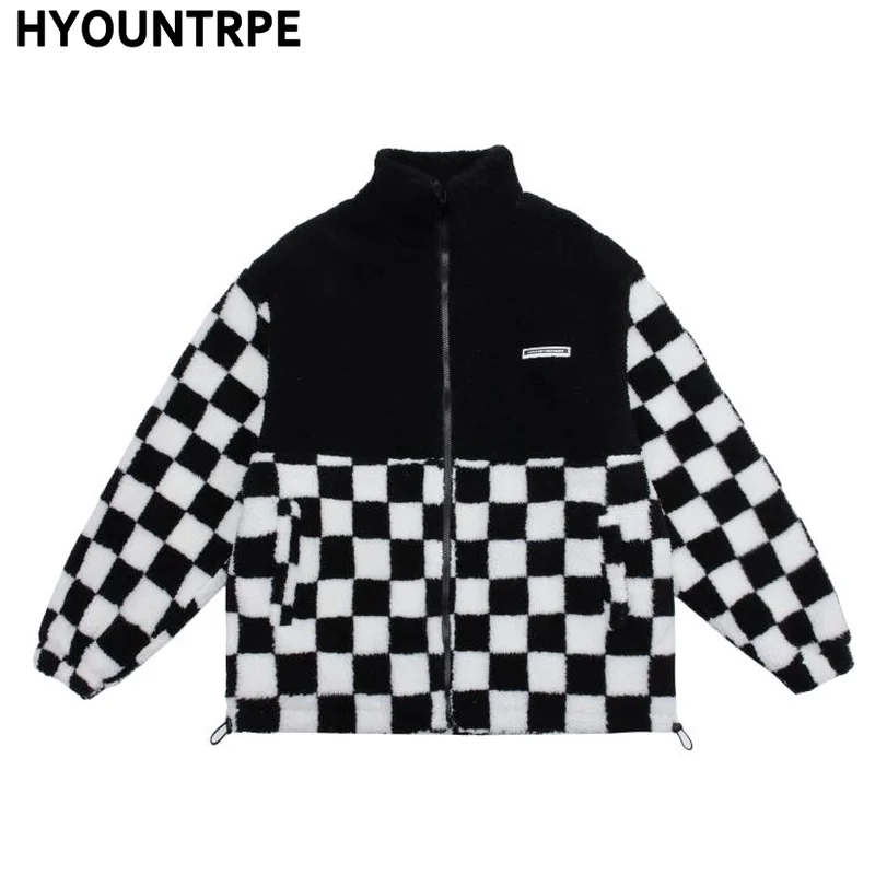 

Fashion Plaid Fleece Jackets Coats Mens Stand Collar Hairy Zipper Loose Outerwears Streetwear Warm Cotton Padded Parkas Jackets