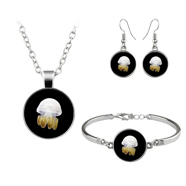 

Jellyfish underwater world time gemstone pattern glass 25mm Necklace girl's Bracelet Earring Set Jewelry