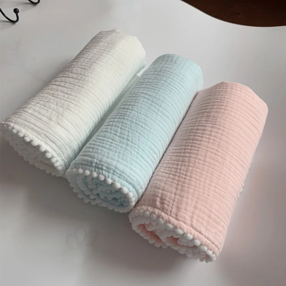 Хлопок муслин детское одеяло с помпонами Летние простыней покрывало набор