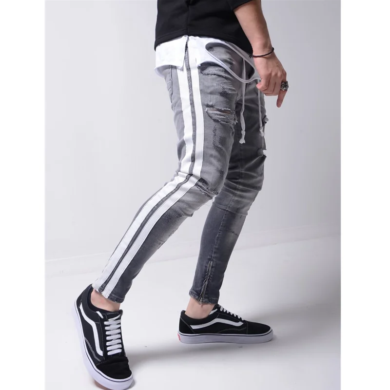 Men Spring Fall Plus-Size Holes Small Feet Casual Sports Trend Gray Blue Zippered Pants Jeans