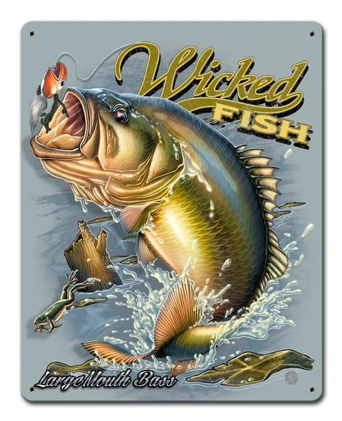 

Fishing Large Mouth Bass Wicked Fish Tin Sign ,Man Cave